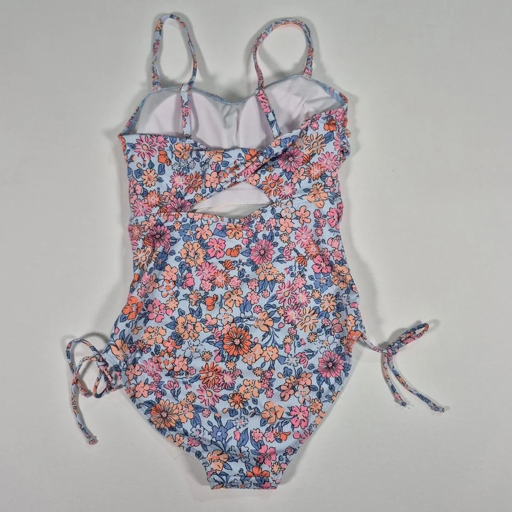 Floral Ribbed One Piece Swimsuit Sweetheart Neckline Side Tie Size Small‎ NWOT